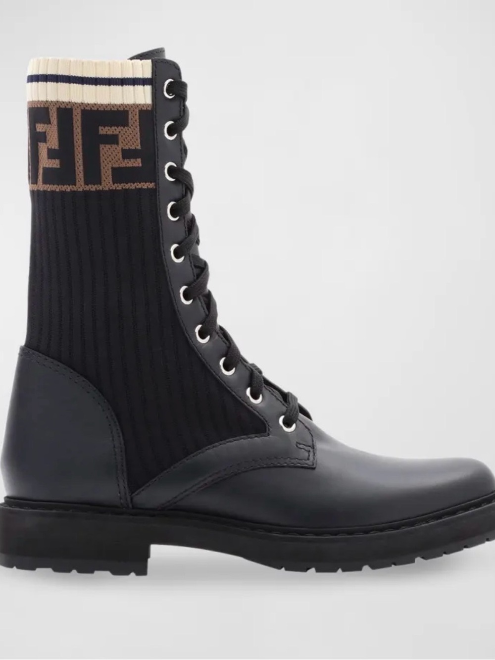 Fendi Black Knit Logo Lace-Up Combat Boots